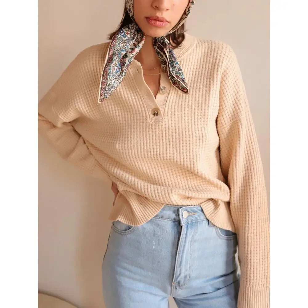 NIA WAFFLE KNIT STRETCH HENLEY NATURAL BEIGE TAN LONG SLEEVE PULLOVER MEDIUM M - Picture 2 of 6